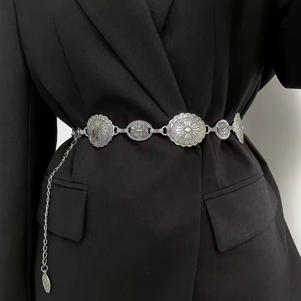Vintage Elegant Silver Chain Medallion Belt